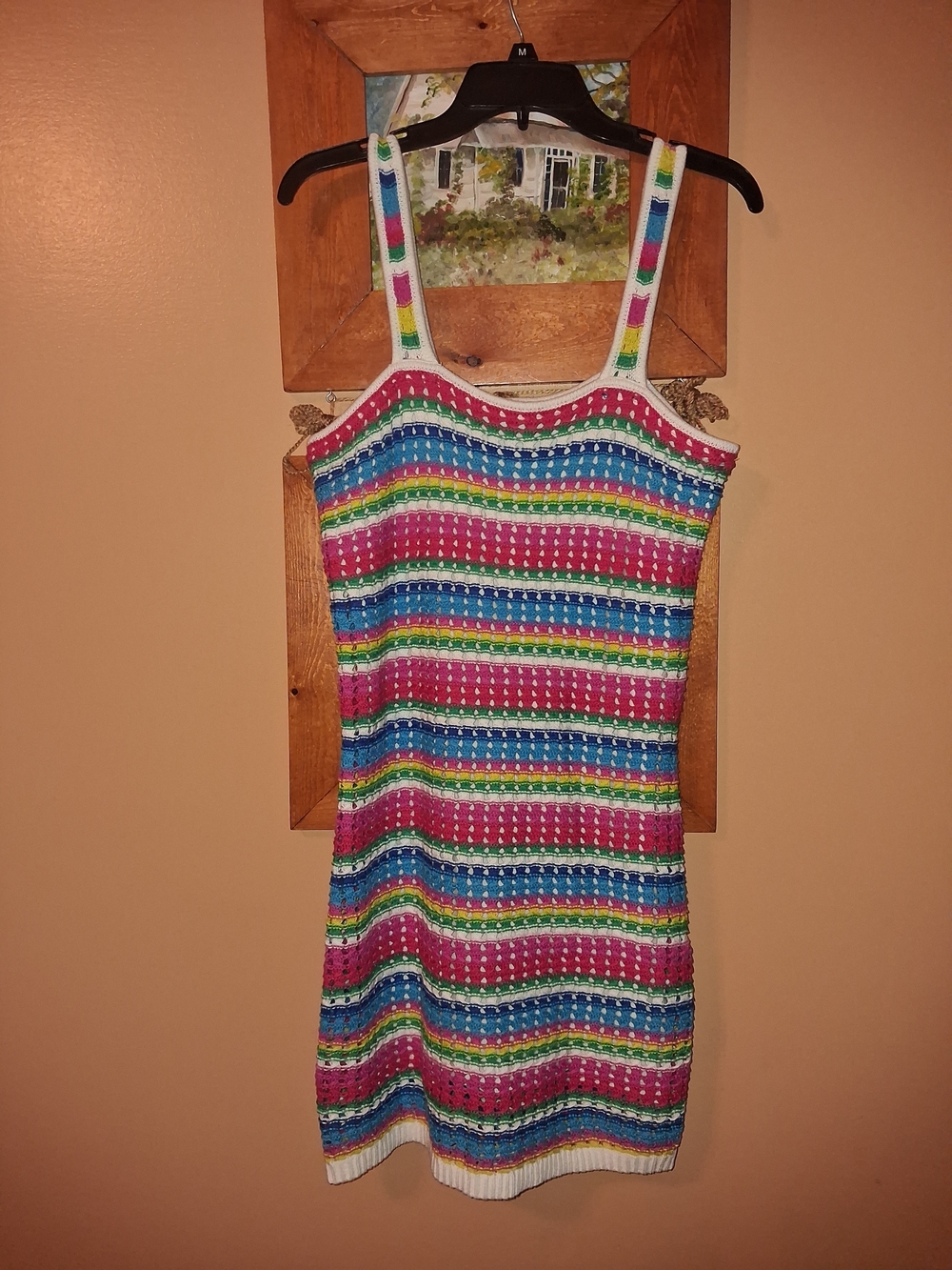 GAP Rainbow Crochet Mini Dress, Striped Boho Festival Knit, Size M, Sleeveless S